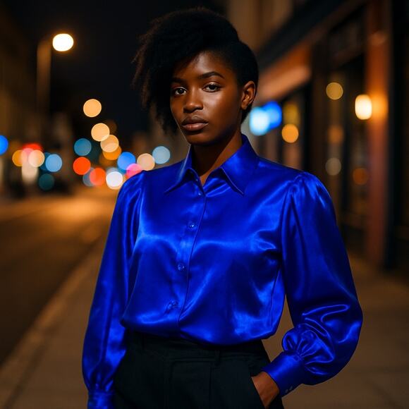 Vintage Laura & Jayne Blue Satin Blouse 80s Puff Sleeve Button Up 12 Hong Kong - Picture 1 of 9